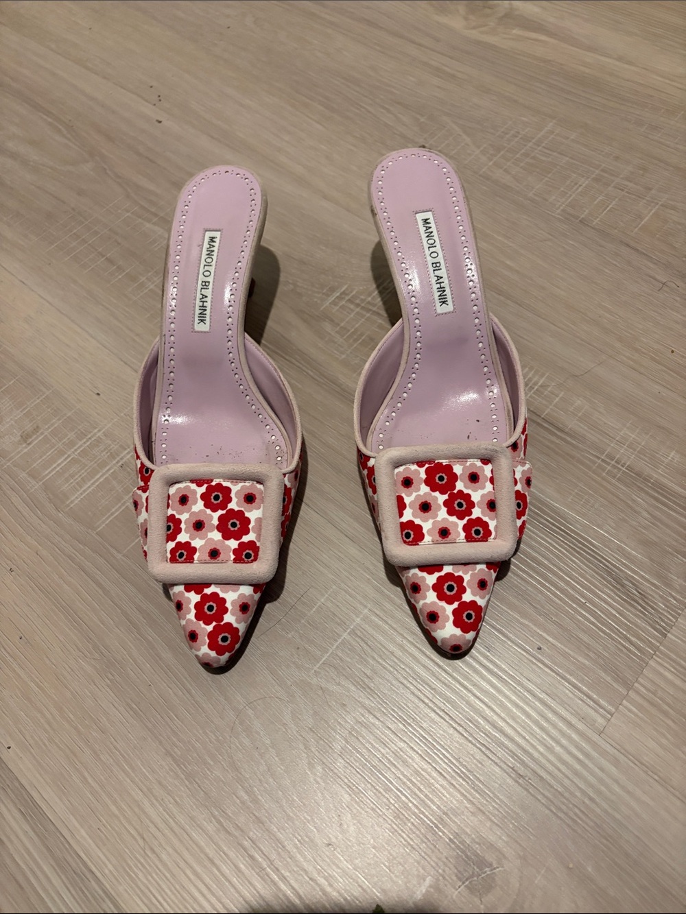 Manolo Blahnik Pink and Red Floral Buckle Mules
